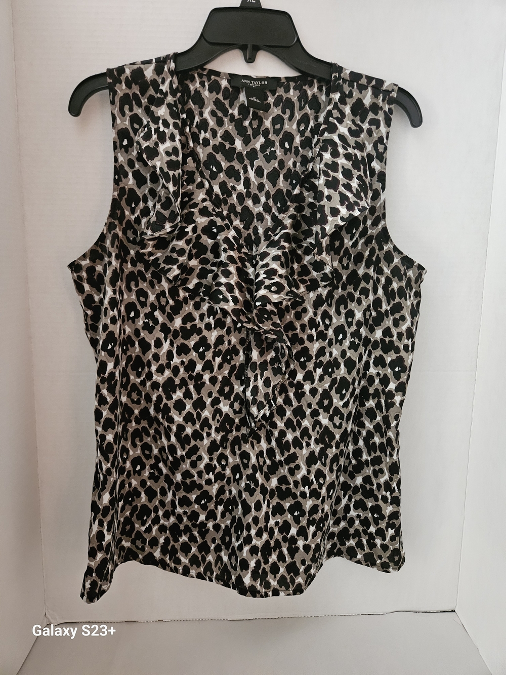 Ann Taylor Leopard Print Ruffle V-Neck Sleeveless Top - Black & Taupe